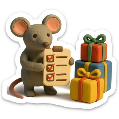 mouse with checklist and mini presents in claymation style sticker