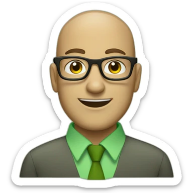 smiling jewish man with shaved head in rectangular black glasses and green button up shirt sticker
