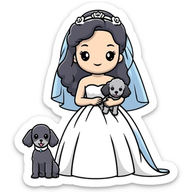 A beautiful girl with long black hair in a wedding dress holds a small gray poodle sticker