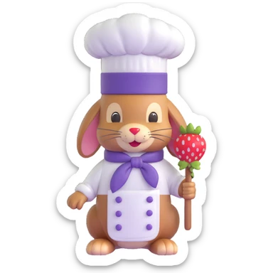 A 3D iOS 18-style bunny wearing a purple chef hat with white polka dots and a red strawberry. The bunny should have a light brown fur texture with darker brown ears and a cute, friendly expression. sticker
