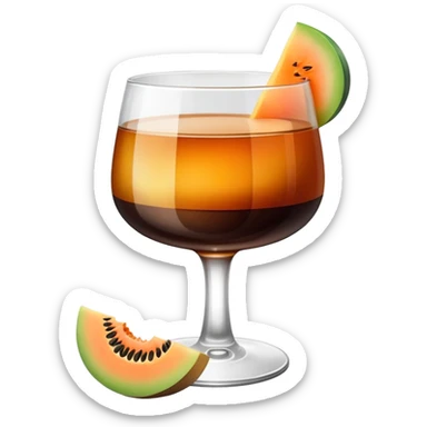 small clear glass with layered carajillo drink - amber liquor on bottom, dark coffee on top, with a slice of cantaloupe melon on the side sticker