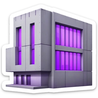 Rectangular gray concrete building with purple UV light shining from a single window, urban brutalist architecture sticker