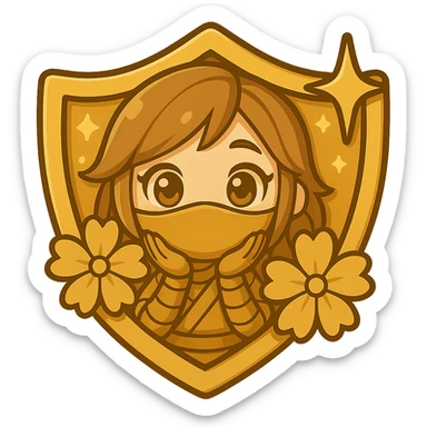 Change ONLY the flowers in this image to match the exact gold color, shading, and highlights of the badge border, so they blend seamlessly with the badge. Keep the flower centers gold as well. Do not change anything else—keep the chibi ninja girl, badge, sparkles, and all other details exactly the same. Transparent background, sized for Twitch or Discord use. sticker