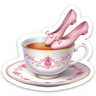 Elegant china tea cup with saucer wearing pink ballet slippers and performing an arabesque sticker