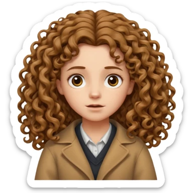 hermione shrugging, long light brown very curly voluminous hair, reaching below the shoulders, thick and full curls, messy natural texture, cartoon emoji style. sticker