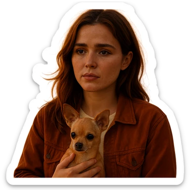 Portrait of a woman inspired by the facial features visible in the reference images, with a tanned complexion and subtle freckles. She wears a shirt in color #FFF8CA and a rust-colored jacket. Her hair is medium-length brown with auburn highlights. She has a pensive and melancholic expression, holding a beige-brown chihuahua. The style is inspired by a Netflix series, with a transparent background. The ambiance is a Tenerife sunset, creating an intimate and sincere universe like an Instagram diary. sticker