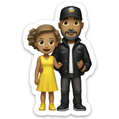White-skinned man with stubble, gray beard, brown hair, black eyes, black Reebok cap, leather jacket, holding infant girl in yellow dress with yellow bow. sticker