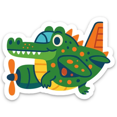 whimsical crocodile with bomber plane features, such as a cockpit and tail fin sticker