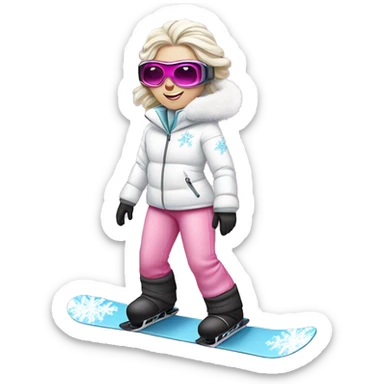 Princess Elsa snowboarding wearing a fluffy white jacket and pink pants and metal goggles sticker