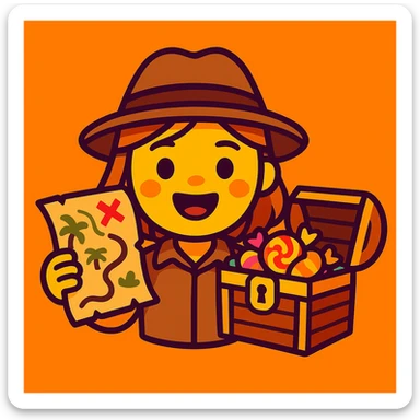 Create an emoji in a vibrant toon style that conveys the atmosphere of a short story about a girl who found a treasure map and went on an adventure with friends. Include elements of adventure such as a treasure map, a chest filled with candies, and a friendly, joyful atmosphere. Maintain a cartoonish style with bright colors, capturing the spirit of fun and exploration. sticker