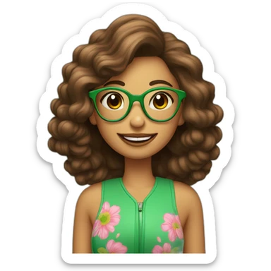 Chica pelo encima hombro y color marrón con gafas verdes, sonrisa amplia y labios pintados de rosa sticker