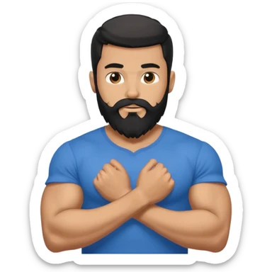 generate an ios genmoji of a 20 year old tan boy with long long long black beard that reaches his chest. Big biceps. wearing a blue shirt that fits his arms sticker