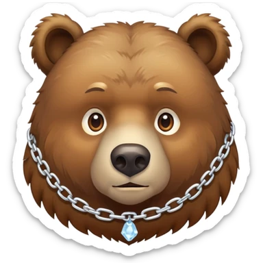 Realistic brown bear on all four legs with serious expression, wearing a simple chain made entirely of ice around its neck, nothing hanging from it sticker