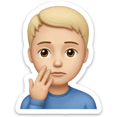 Genera un emoji estilo Apple que represente inseguridad física: un rostro neutral mirando hacia abajo, con cejas ligeramente inclinadas y una mano tocándose la mejilla como si dudara de sí mismo. Expresión suave, triste pero empática sticker
