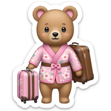 A cute light-brown bear wearing a pastel pink sakura-patterned kimono, normal balanced body ratio.  
Pulling a small suitcase with cheerful excited eyes, backpack on the back, ready for a trip.  
Kawaii emoji style, minimalistic clean sticker illustration, white background. sticker
