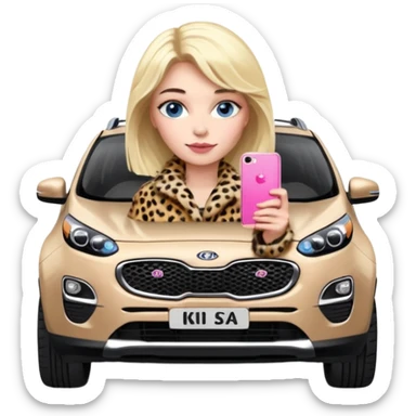 a blondie queen Arina in a leopard fur and pink iPhone on her kia Sportage car. blue eyes sticker