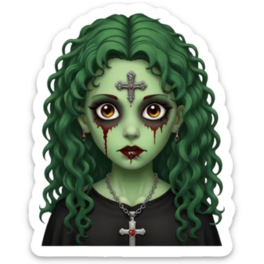 Zumbi verde com olhos castanhos aspecto de que tá sangrando, com cabelo marrom cacheado longo um piercing do lado esquerdo do nariz, roupa preta e crucifixo como colar, e também delineador  sticker