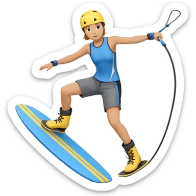 A person wakeboarding with one leg forward, the other bent for balance, leaning slightly back while holding a tow rope. Wearing a blue top, black shorts, gray boots, on a yellow board with small water splashes below. sticker