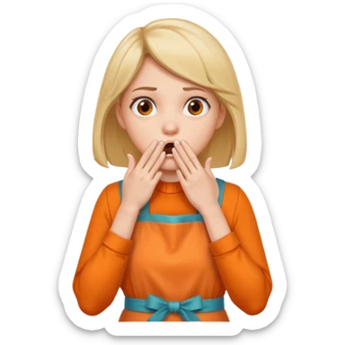 scared woman with her hands on her mouth, different background, more details, sideways pose, orange apron sticker