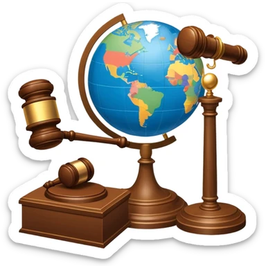 An icon featuring a globe with a gavel and a political map, symbolizing political science. The design includes a ballot box and a podium, representing democracy and governance. Transparent background highlights the study of political systems and global relations. sticker