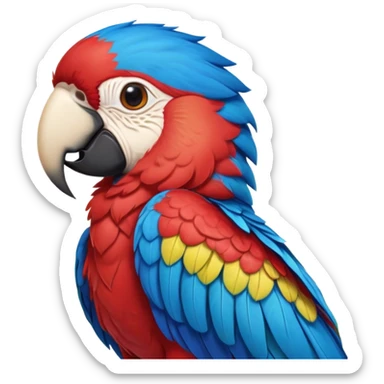 Cinematic Realistic Cute Macaw Portrait Emoji, Head tilted playfully and inquisitively, featuring a compact, lively build with intricately detailed, vivid scarlet and blue feathers and a charming, expressive face with round, sparkling eyes full of tropical wonder, rendered with realistic texture and vibrant natural hues, high shine, affectionate and spirited, styled with a touch of whimsical rainforest charm, soft glowing outline, capturing the essence of a mischievous yet lovable macaw that seems poised to flutter playfully into your arms! sticker