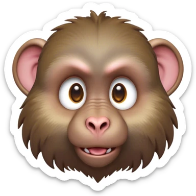 Cinematic Cute Baboon Portrait Emoji, Head tilted playfully and inquisitively, featuring a vibrant Fur of earthy browns with expressive, round, sparkling eyes filled with curiosity, Simplified yet irresistibly adorable features, highly detailed, glowing with a warm, friendly glow, high shine, affectionate and spirited, stylized with a touch of urban whimsy, bright and endearing, soft glowing outline, capturing the essence of a mischievous yet loving baboon, so playful it feels like it could leap out of the screen and into your arms! sticker