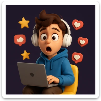 Create a detailed Generation Z character in a cartoonish 3D style with a surprised expression, wearing a blue hoodie, sitting on a yellow chair, holding a laptop and surrounded by floating icons of stars, likes and hearts.
The character should have stylised brown hair, large expressive eyes, white on-ear headphones and a soft, expressive Pixar-style look.
Depict the character in full, centred in the frame, with even studio lighting, soft shadows and a clean dark purple background for contrast. sticker