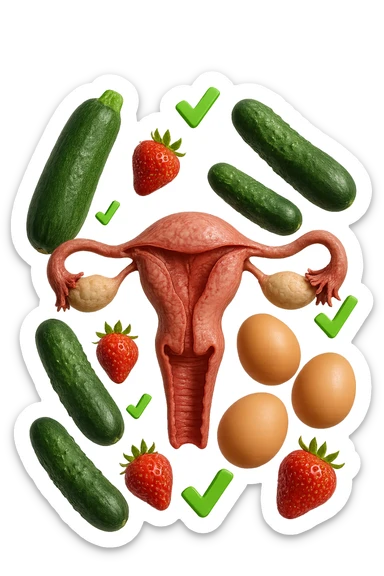 zucchine, cetrioli, fragole, uova fluttuano insieme ad un utero umano realistico anatomico e a piccole spunte verdi di "verificato" 3d, IPERREALISTICO 4K sticker