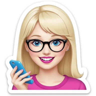 Pin up Woman with pale skin, wider face, blue eyes with eyeliner, thin eyebrows, long eyelashes, pink lipstick, blonde hair up with bangs, wearing black glasses. Laughing on a mobile phone  sticker