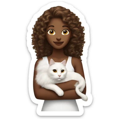 long curly haired brown skinned lady holding white cat  sticker