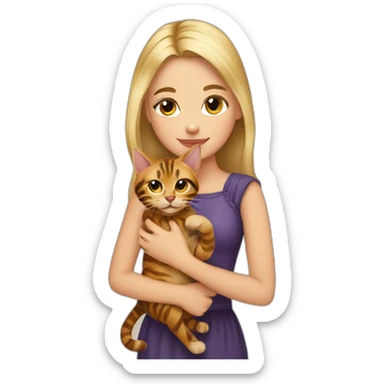 beautiful blonde girl holding a cat of bengal origin in her arms sticker