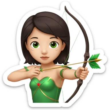 cupid flying with wings asian with brown eyes and dark hair handled bow and arrow directed to green emoji heart sticker