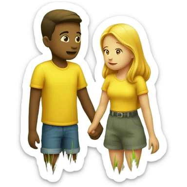 two bright yellow emojis of a boy and a girl holding hands on a lush green grass field. The girl is looking away, as if she is about to leave. The boy is looking at her with a sad expression, as if he doesn't want her to go. sticker