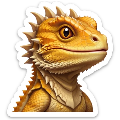 Cinematic Noble Bearded Dragon Portrait Emoji, Poised and regal, with a robust, angular build and a textured, scaled hide in earthy olive and sandy tones, a prominent spiky 'beard' beneath its chin and a keen, alert gaze, Simplified yet sharp and sophisticated features, highly detailed, glowing with a soft, dignified glow, high shine, intelligent and fierce, stylized with an air of desert majesty, focused and attentive, soft glowing outline, capturing the essence of a watchful and commanding reptile, so majestic it feels as though it could scuttle out of the screen with effortless authority! sticker