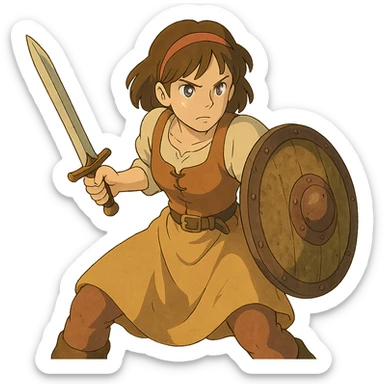 a warrior maiden with a sword and shield, common tavern clothing, eye gleam, defense stance, repose sticker