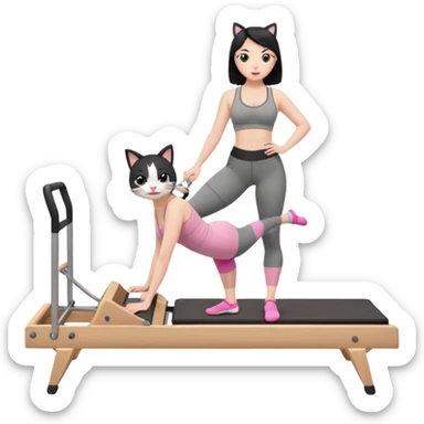 Create a Pilates emoji: a girl with fair skin and black hair, wearing a grey bra and grey leggings with pink pilates socks, doing cat-cow on a wooden reformer. Make it look at the reformer. Make the colors neutrals. sticker