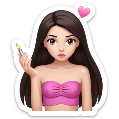 girl with lighter skin, dark brown long straight hair falling in front of her body, pouty shiny lips without cupid's bow, shiny large eyes with long eyelashes, lighter button nose, very long oval-shaped face, wearing a pink bandeau top with straight neckline, looking directly at camera with hands down at sides sticker