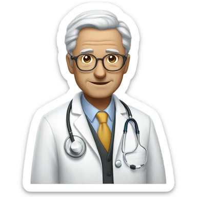 "An older man with thin, neatly combed gray hair, a sharp nose, and a cold, analytical look. He wears a pristine white coat, thin glasses, and carries a stethoscope." sticker