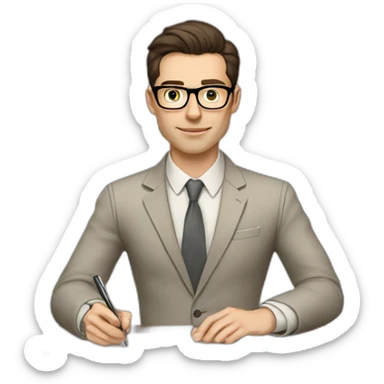 Pale skinned fit man with dark brown hair in gray jacket, beige office shirt, brown tie, brown pants and vintage glasses Writing on the tablet sticker