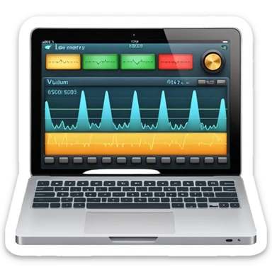 Close-up shot of a laptop screen clearly visible, showing a professional audio mixing interface focused on voice editing: audio level meters (VU meters) moving, voice waveform, volume faders, EQ panel, compressor, limiter, noise reduction, de-esser, gain controls sticker
