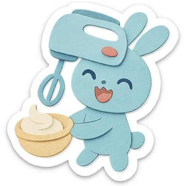 chibi hand mixer-rabbit hybrid, spinning cream, joyful expression, soft pastel blue, full-body sticker