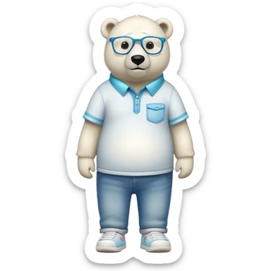 friendly anthropomorphised polar bear standing upright, looking relaxed, wearing a shirt, jeans, trainers, oversized multicolored extravagant glasses sticker