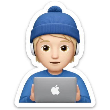 Apple Memoji–style 3D avatar of a young male with a beanie and AirPods, using a laptop, soft lighting, white background. sticker