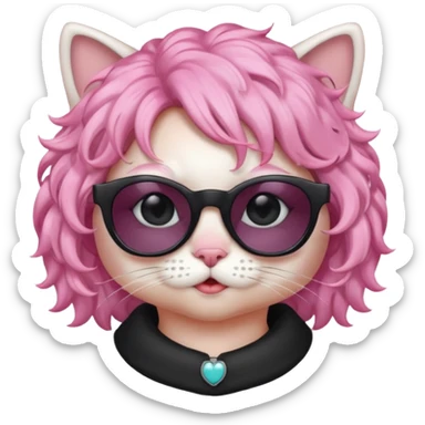 White cat wearing pink curly wig, black sunglasses sticker