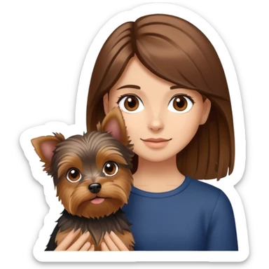 girl with brown hair and brown eyes with a Yorkshire Terrier dog sticker
