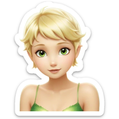 Cinematic Realistic Blonde Tinker Bell Fairy Portrait, depicted with lifelike, delicate skin glowing with a subtle radiant aura, soft natural lighting accentuating her gentle features, and intricately detailed golden blonde hair styled in a whimsical pixie cut. Her iridescent, translucent wings shimmer with delicate fairy dust, and her expressive, sparkling eyes reflect a world of magic. Adorned in a subtle blend of woodland greens and soft pastel accents, the portrait exudes an enchanting glow that seamlessly merges realism with fairy charm. sticker