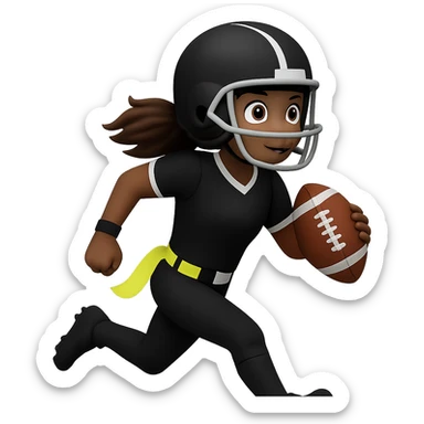 Create an emoji style image of a woman running with a football, wearing a helmet and an all black uniform with white accents. The only flag belt is lemon lime color, no other flags. She is holding one football. Keep the background transparent. sticker