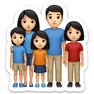 Hispanic family of five together: mom with long straight hair, dad with short curly hair, three kids—oldest 9-year-old boy with short hair, 6-year-old girl with long straight hair, 6-year-old boy with short hair (twins), apple emoji style sticker