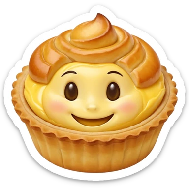 Hong Kong egg tart with flaky crust and yellow custard filling, smiling face sticker