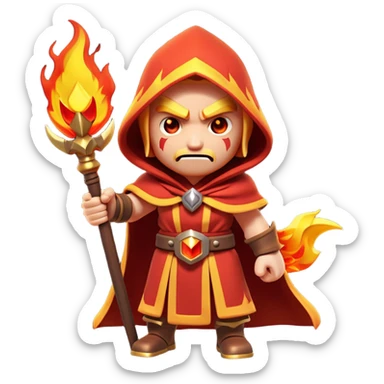 Clash of Clans aesthetic: Cinematic Ferocious Fire Mage Hero closeup Emoji, rendered in a 3D vector-style similar to standard emojis with minimal shading and bold, simplified shapes. A compact, isometric figure draped in flowing, charred and ember-lined robes, wielding a fiery staff crackling with intense flames. Eyes burning with an infernal glow, exuding raw, untamed power. Simplified yet unmistakably iconic, highly detailed and consistent, glowing with a fiery, molten radiance and high shine. Stylized with a touch of menacing sorcery and a searing, ember-infused outline, capturing the essence of a wrathful mage ready to unleash devastating fire magic! sticker
